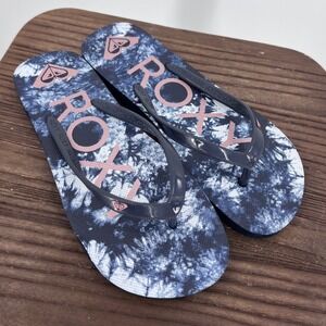 Roxy Womens Tie Dye Flip Flops Navy Blue Pink Logo Thong Sandals Size 6/7